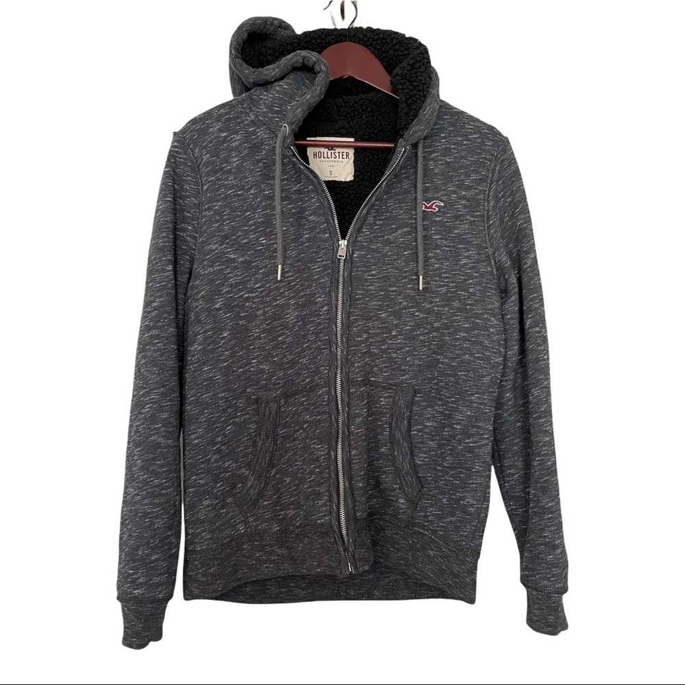 Hollister Sherpa Fur Lined Full Zip Heathered Gray Hoodie Heavy Sweater Jacket